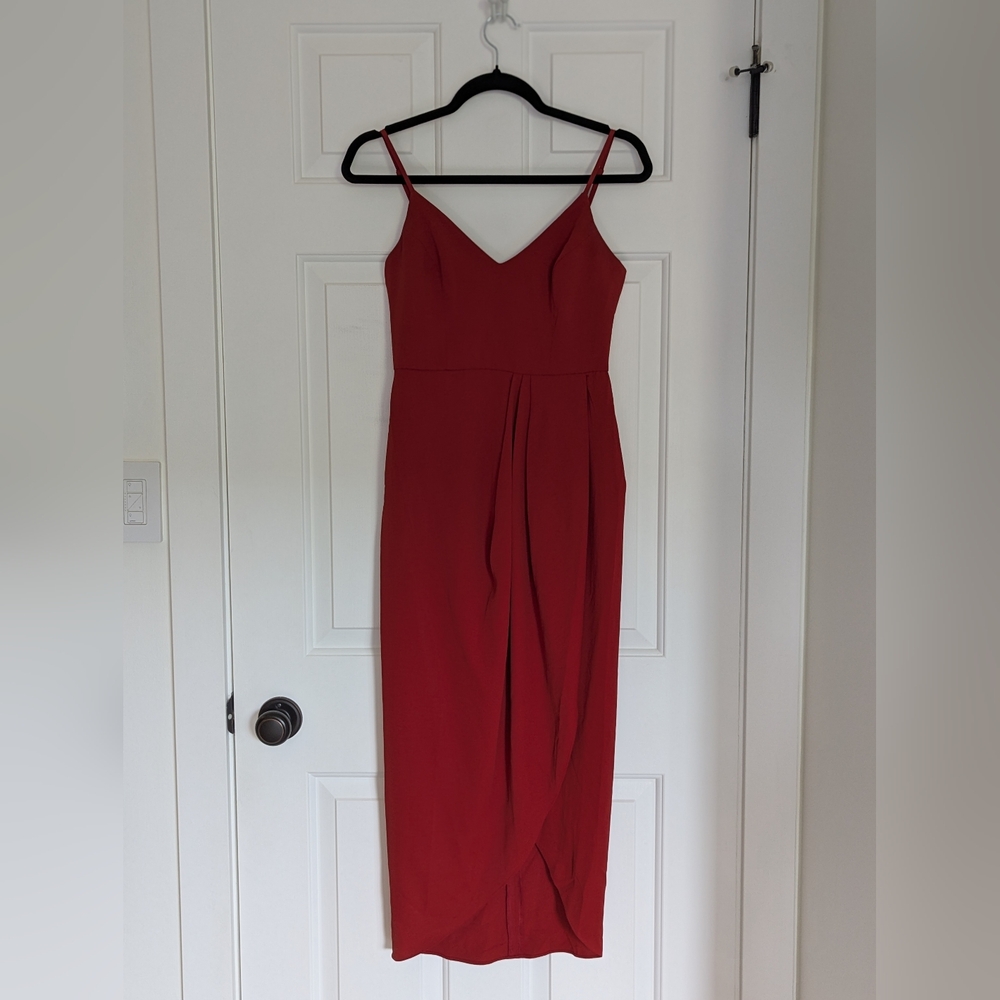 Lulu's Red Sheath Midi Dress with Spaghetti Straps